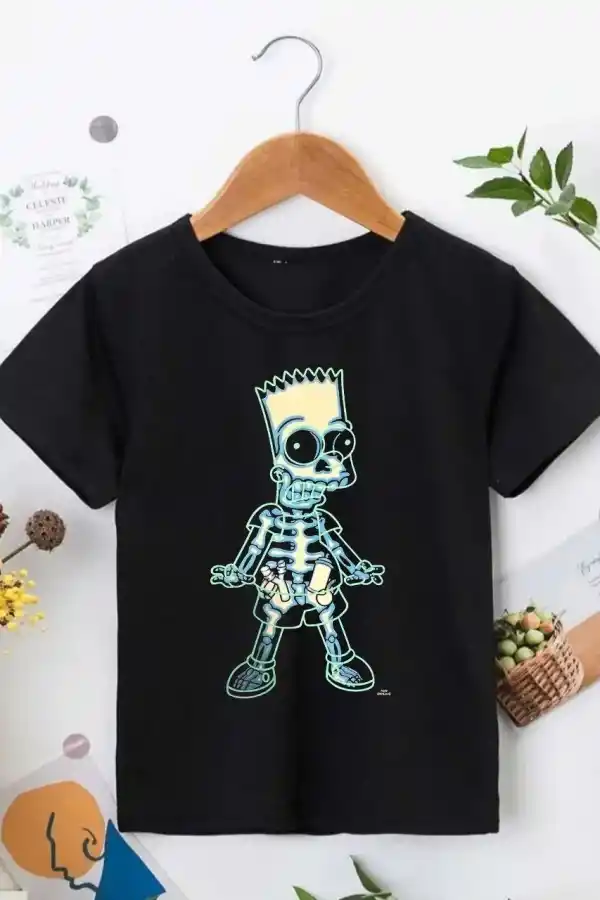 Çoçuk Bisiklet Yaka Kısa Kol Baskılı T-Shirt - Siyah