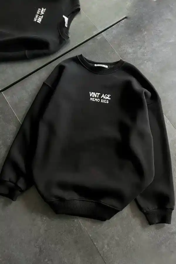 Kadın Bisiklet Yaka 3 İplik pamuklu Baskılı Oversize SweatShirt - Siyah