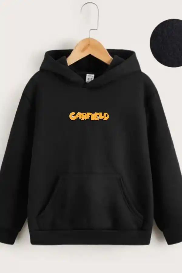 Çocuk Unisex Kapüşonlu Ön ve Arka Garfield Baskılı Sweatshirt - Siyah