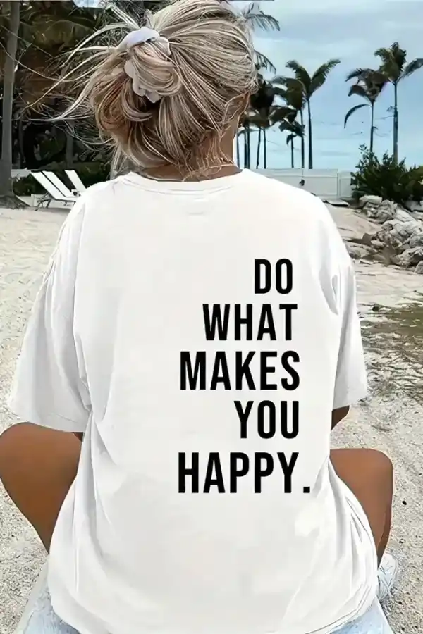 Kadın Kısa Kol Yazlık Tişört Bisiklet Yaka Baskılı Oversize T-Shirt - Beyaz