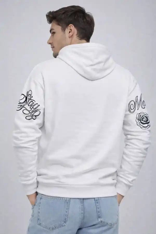 Erkek 3 İplik Pamuklu Kapüşonlu Baskılı SweatShirt hoodie - Beyaz