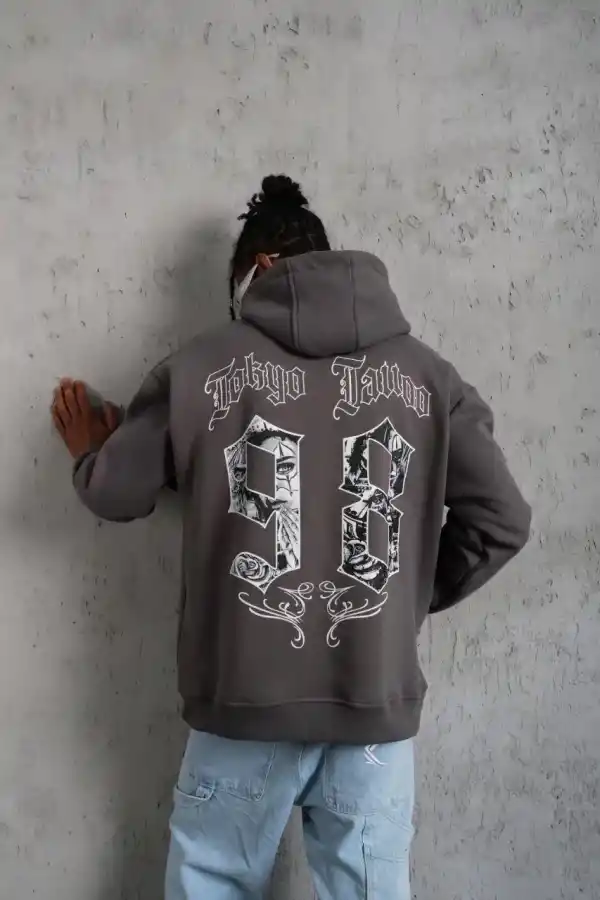 Erkek 3 İplik Pamuklu Kapüşonlu Baskılı Cepli Oversize Sweatshirt Hoodie - Gri