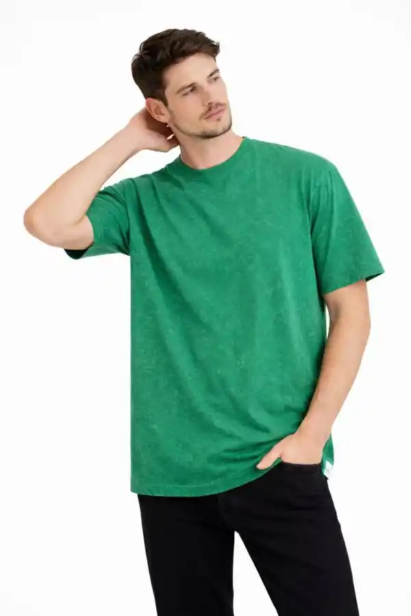 Erkek Asit Yıkama Bisiklet Yaka Kısa Kollu Oversize T-Shirt Tişört - Yeşil