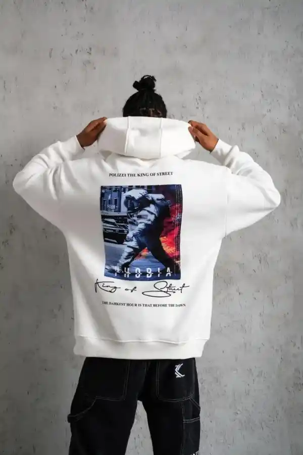 Erkek 3 İplik Pamuklu Kapüşonlu Baskılı Cepli Oversize Sweatshirt Hoodie - Beyaz