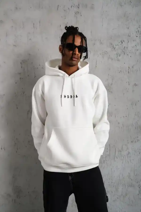 Erkek 3 İplik Pamuklu Kapüşonlu Baskılı Cepli Oversize Sweatshirt Hoodie - Beyaz
