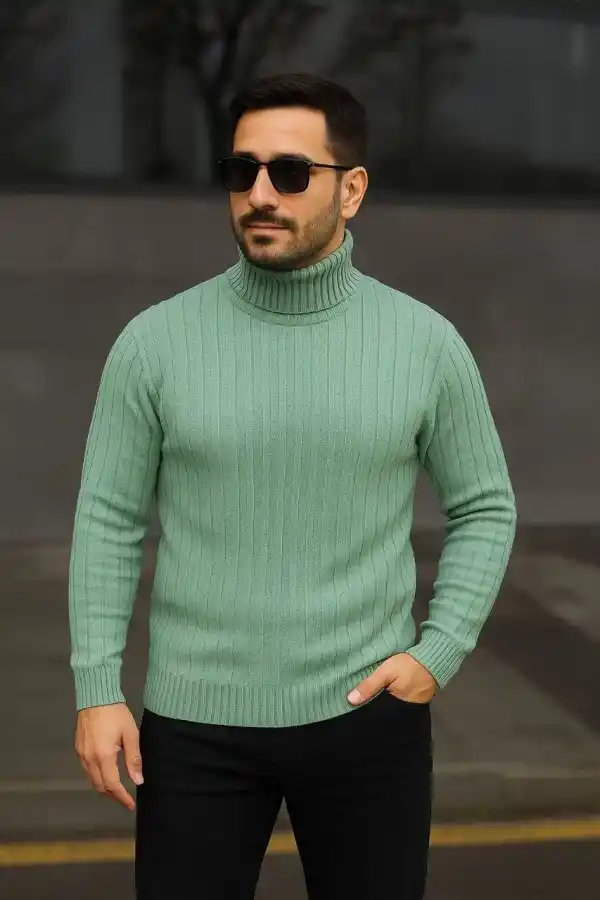 Erkek Tam Boğazlı Balıkçı Yaka Triko Kazak Kalın Fitilli - Mint Yeşili