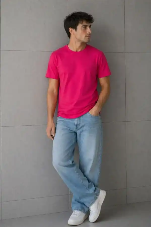Erkek Basic Pamuklu Tişört Bisiklet Yaka Düz Renk Regular Fit T-Shirt - Fuşya