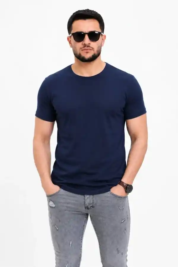 Erkek Basic Tişört Bisiklet Yaka Kısa Kol Günlük Yazlık Slim fit T-Shirt - Lacivert