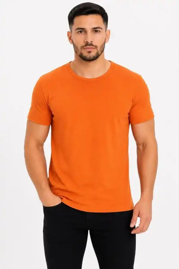 Erkek Basic Tişört Bisiklet Yaka Kısa Kol Günlük Yazlık Slim fit T-Shirt - Turuncu