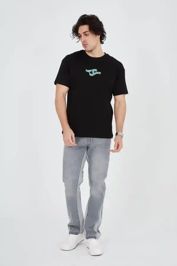 Erkek Baskılı T-Shirt Kısa Kol Bisiklet Yaka Regular Fit Rahat Kalıp Günlük Tişört - Siyah