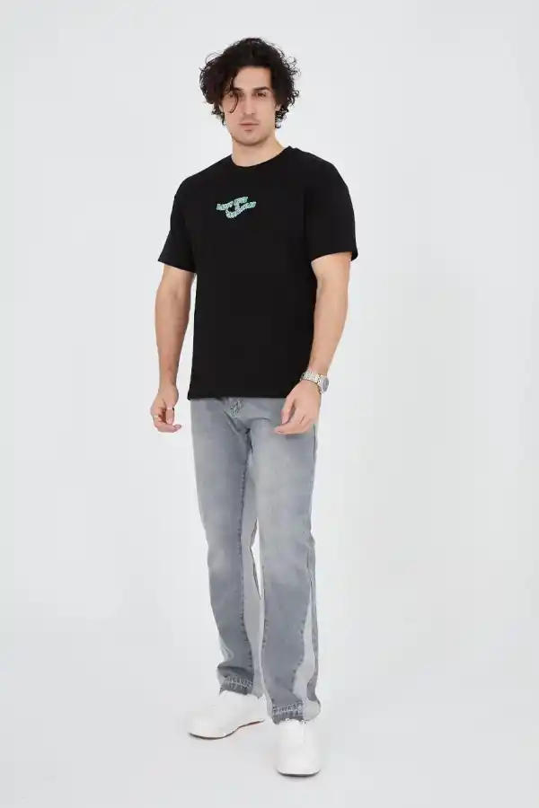 Erkek Baskılı T-Shirt Kısa Kol Bisiklet Yaka Regular Fit Rahat Kalıp Günlük Tişört - Siyah