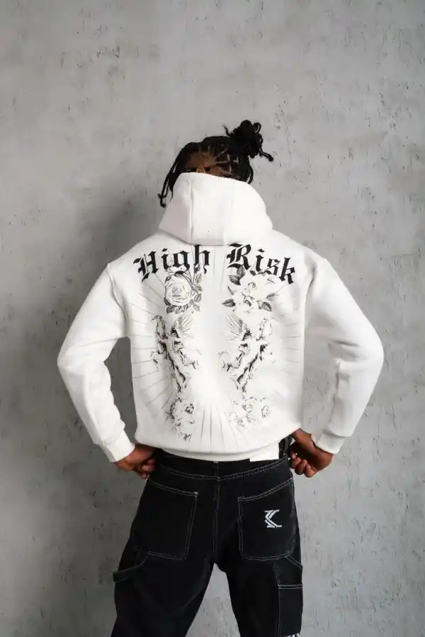 Erkek 3 İplik Pamuklu Kapüşonlu Baskılı Cepli Oversize Sweatshirt Hoodie - Beyaz
