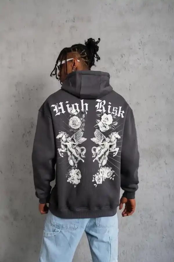 Erkek 3 İplik Pamuklu Kapüşonlu Baskılı Cepli Oversize Sweatshirt Hoodie - Füme