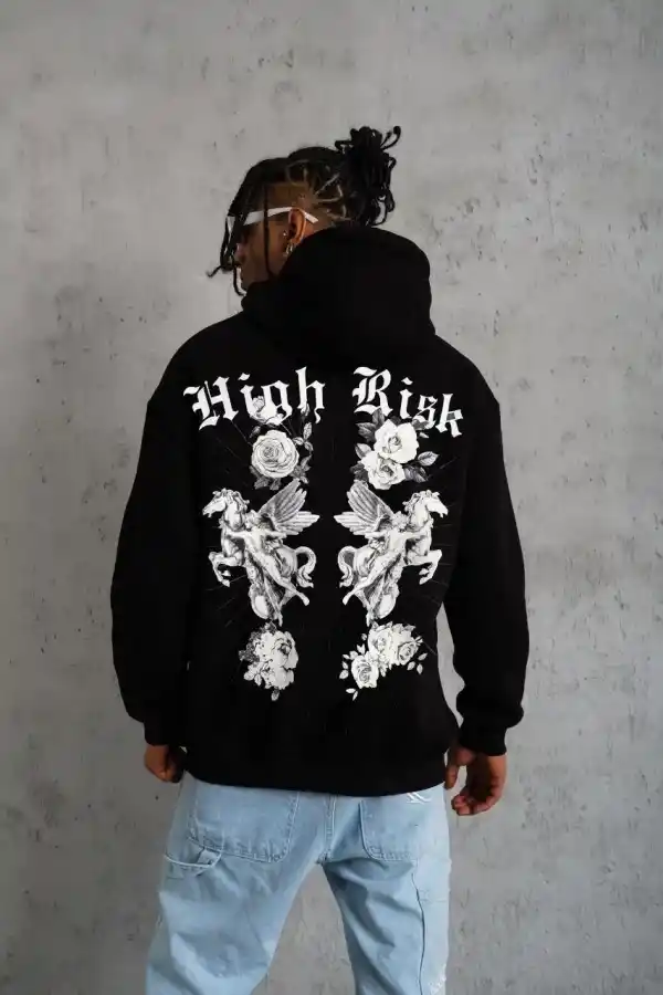 Erkek 3 İplik Pamuklu Kapüşonlu Baskılı Cepli Oversize Sweatshirt Hoodie - Siyah