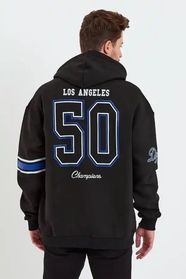 Erkek 3 İplik Pamuklu Kapüşonlu Baskılı Cepli Oversize Sweatshirt Hoodie - Siyah