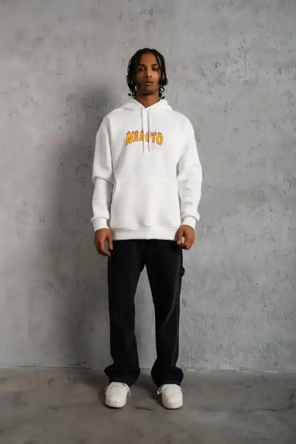 Erkek Baskılı Kapüşonlu 3 iplik pamuklu hoodie Sweatshirt - Beyaz