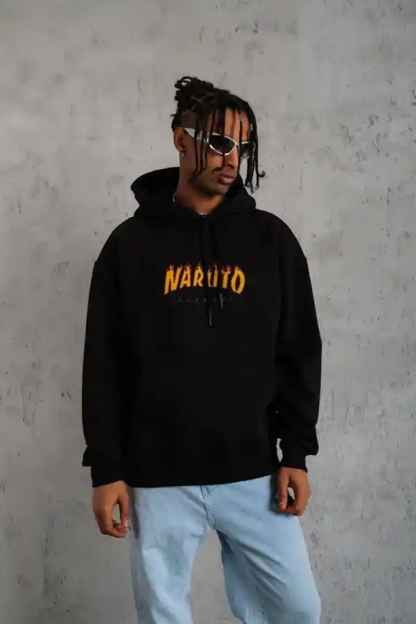 Erkek Baskılı Kapüşonlu 3 iplik pamuklu hoodie Sweatshirt - Siyah