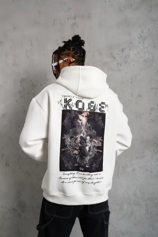 Erkek 3 İplik Pamuklu Kapüşonlu Baskılı Cepli Oversize Sweatshirt Hoodie - Beyaz
