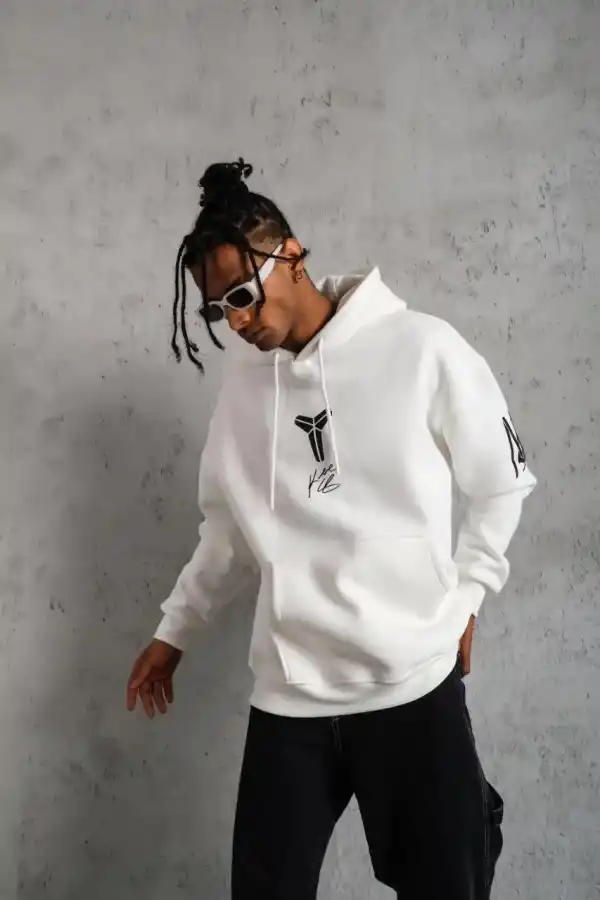 Erkek 3 İplik Pamuklu Kapüşonlu Baskılı Cepli Oversize Sweatshirt Hoodie - Beyaz