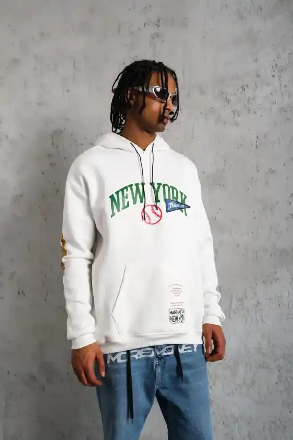 Erkek 3 İplik Pamuklu Kapüşonlu Baskılı Cepli Oversize Sweatshirt Hoodie - Beyaz