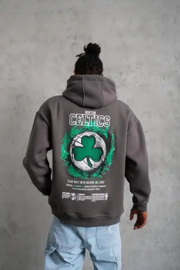 Erkek 3 İplik Pamuklu Kapüşonlu Baskılı Cepli Oversize Sweatshirt Hoodie - Gri