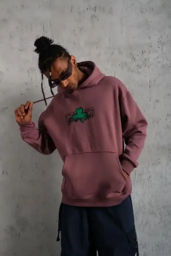 Erkek 3 İplik Pamuklu Kapüşonlu Baskılı Cepli Sweatshirt Hoodie - Gül Kurusu