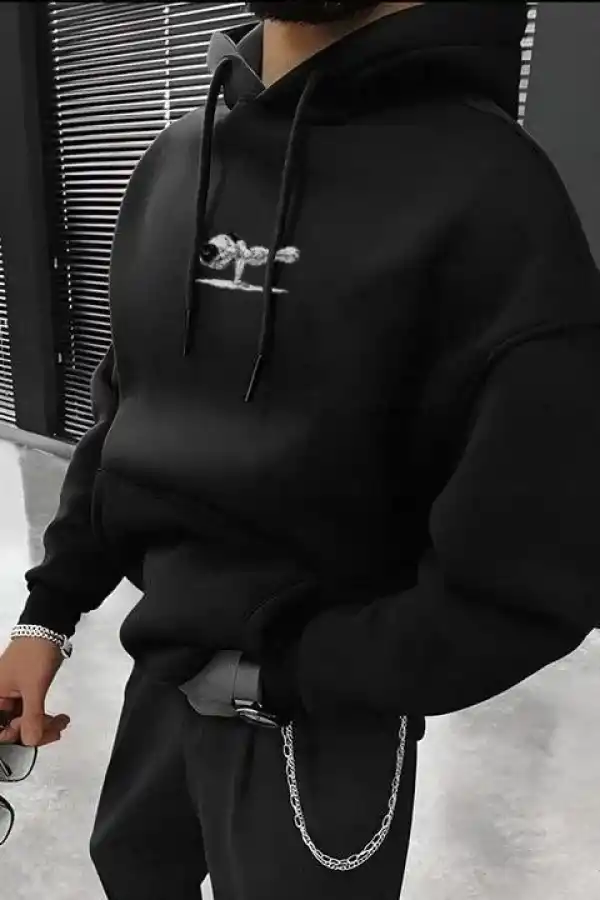 Erkek 3 İplik Pamuklu Kapüşonlu Baskılı Cepli Oversize Sweatshirt Hoodie - Siyah