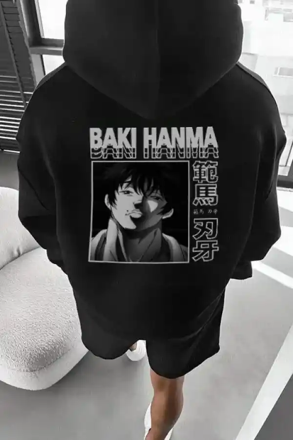 Erkek 3 İplik Pamuklu Kapüşonlu Baskılı Cepli Oversize Sweatshirt Hoodie - Siyah