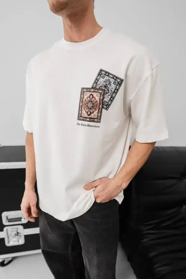 Erkek Yazlık Bisiklet Yaka Baskılı Regular Fit Tişört Kısa Kol T-Shirt - Beyaz