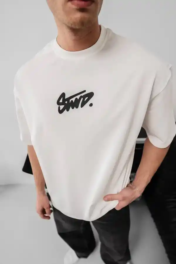 Erkek Tişört Yazlık Baskılı Oversize Kısa kol T-Shirt - Beyaz