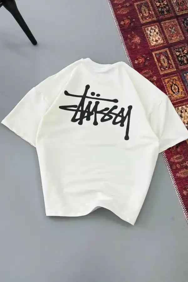 Erkek Kısa Kol Yazlık Tişört Bisiklet Yaka Baskılı Oversize T-Shirt - Beyaz