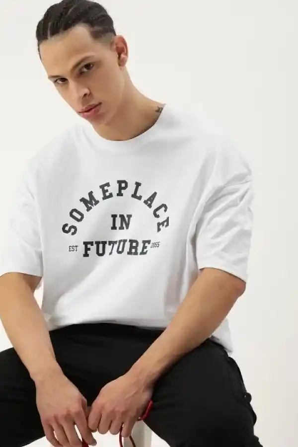 Erkek Kısa Kol Yazlık Tişört Bisiklet Yaka Baskılı Oversize T-Shirt - Beyaz