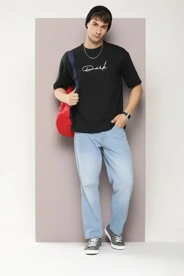 Erkek Baskılı T-Shirt Kısa Kol Bisiklet Yaka Regular Fit Rahat Kalıp Tişört - Siyah