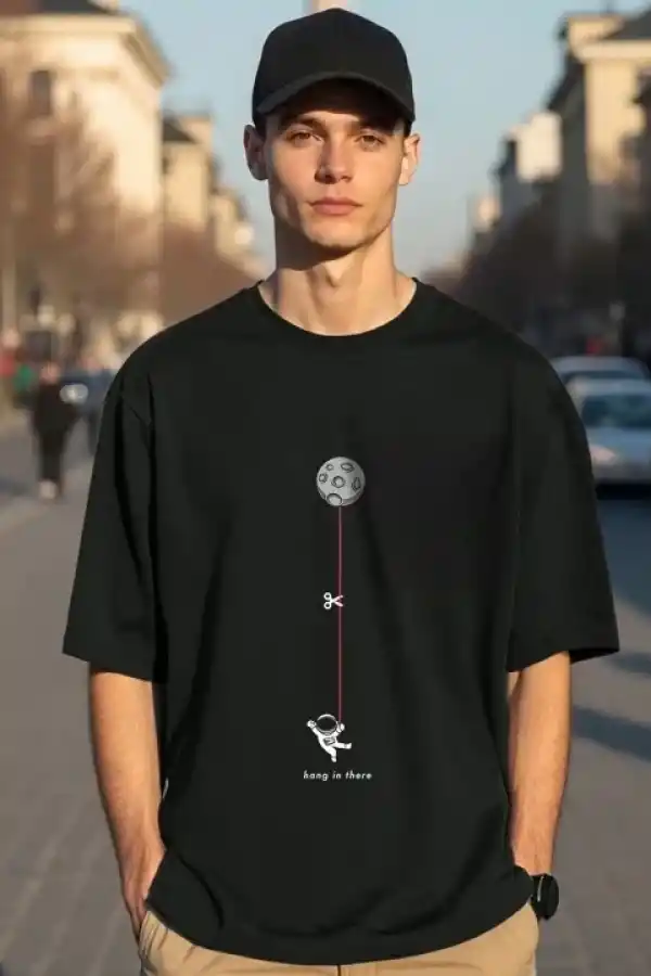Erkek Baskılı T-Shirt Kısa Kol Bisiklet Yaka Regular Fit Rahat Kalıp Tişört - Siyah