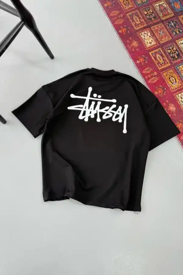 Erkek Kısa Kol Yazlık Tişört Bisiklet Yaka Baskılı Oversize T-Shirt - Siyah