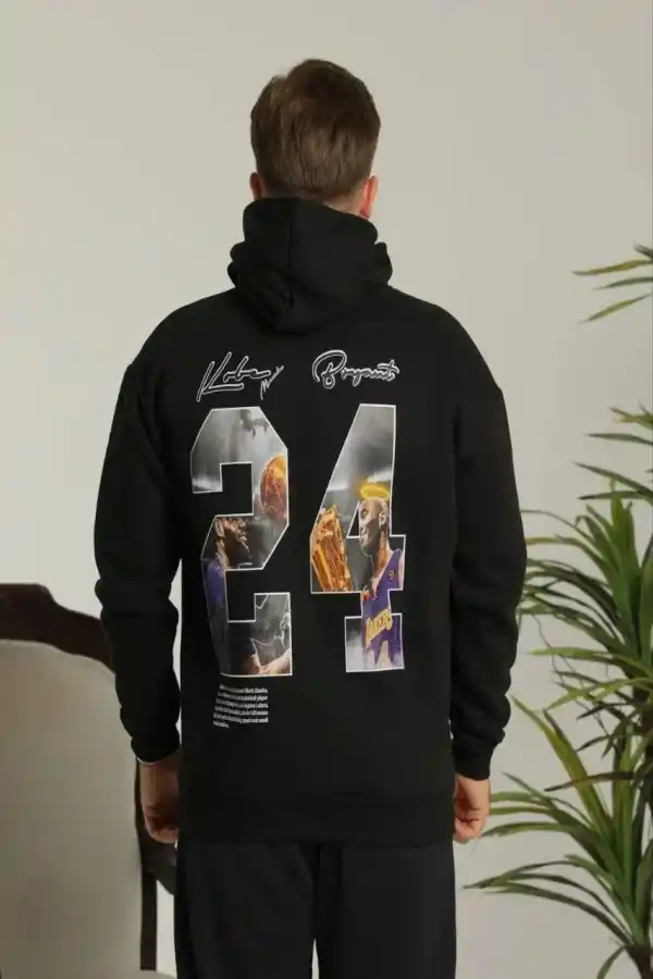 Erkek 3 İplik Pamuklu Kapüşonlu Baskılı Cepli Oversize Sweatshirt Hoodie - Siyah