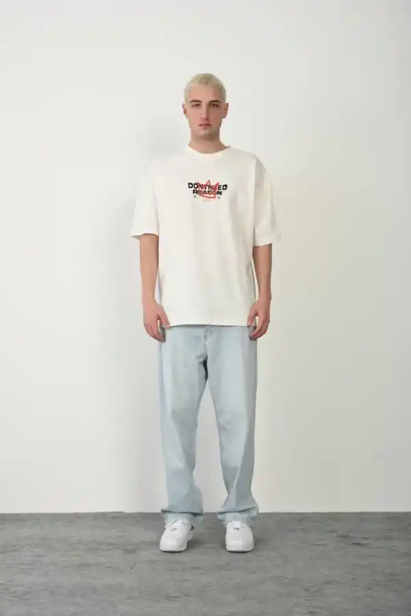 Erkek Baskılı T-Shirt Kısa Kol Bisiklet Yaka Rahat Kalıp Tişört  - Beyaz