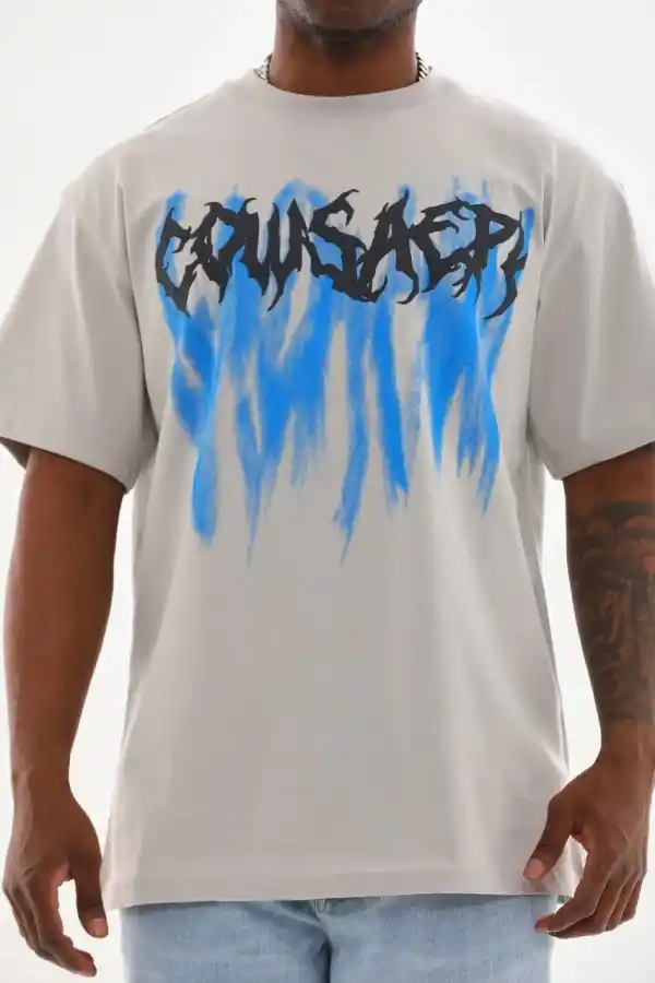 Erkek Baskılı T-Shirt Kısa Kol Bisiklet Yaka Rahat Kalıp Tişört - Gri