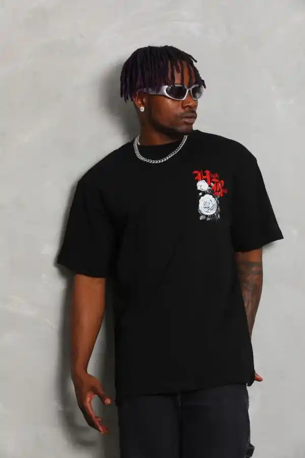 Erkek Kısa Kol Yazlık Tişört Bisiklet Yaka Baskılı Oversize T-Shirt - Siyah