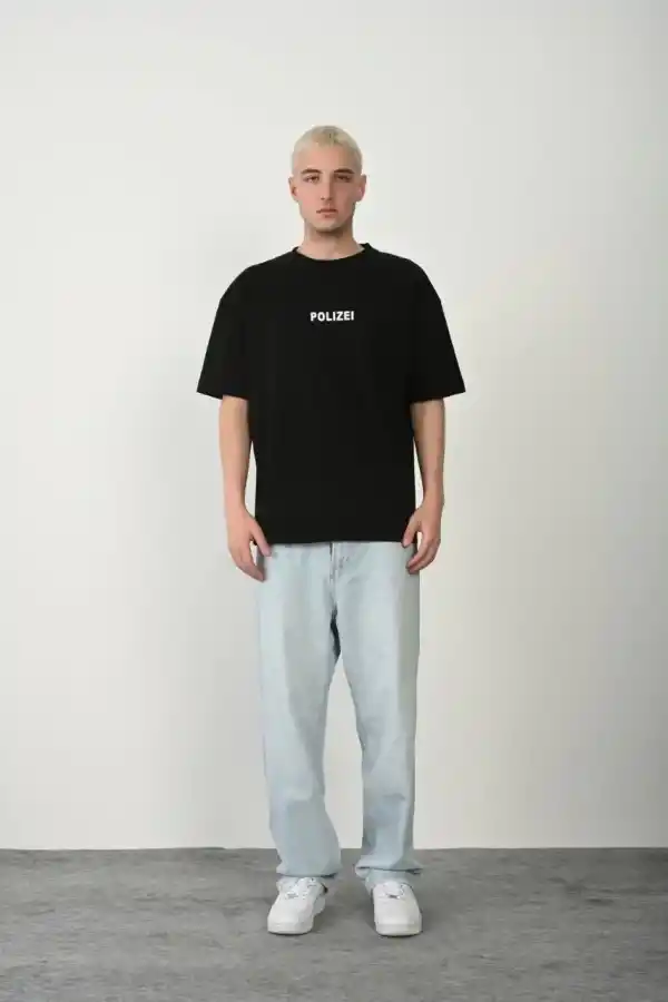 Erkek Baskılı T-Shirt Kısa Kol Bisiklet Yaka Rahat Kalıp Tişört - Siyah
