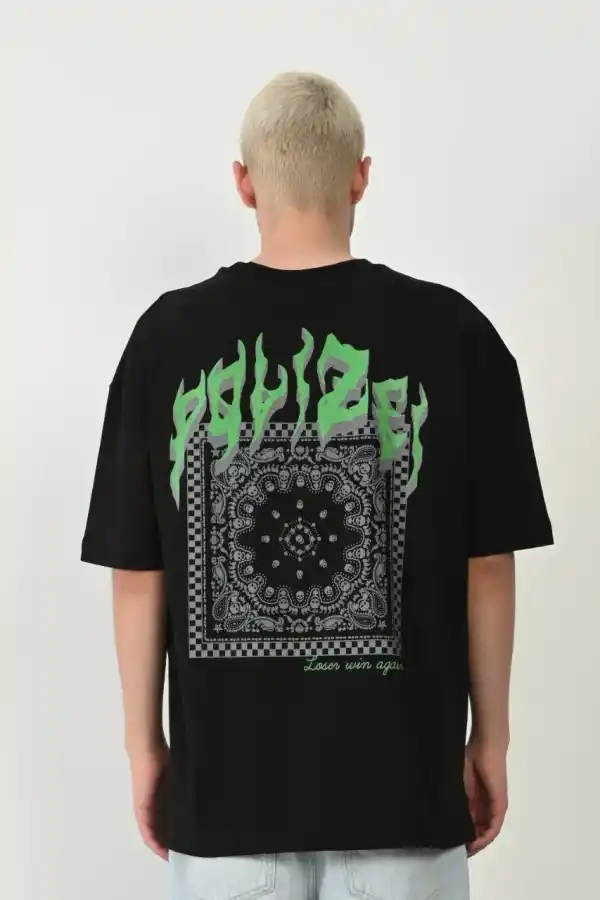 Erkek Baskılı T-Shirt Kısa Kol Bisiklet Yaka Rahat Kalıp Tişört  - Siyah
