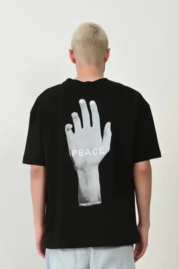 Erkek Baskılı T-Shirt Kısa Kol Bisiklet Yaka Rahat Kalıp Tişört - Siyah