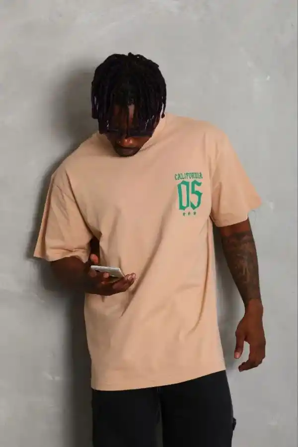Erkek Baskılı T-Shirt Kısa Kol Bisiklet Yaka Regular Fit Tişört - Bej