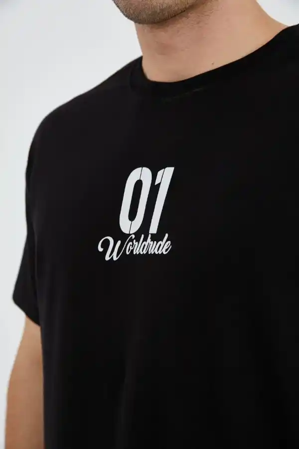 Erkek Baskılı T-Shirt Kısa Kol Bisiklet Yaka Regular Fit Rahat Kalıp Günlük Tişört - Siyah