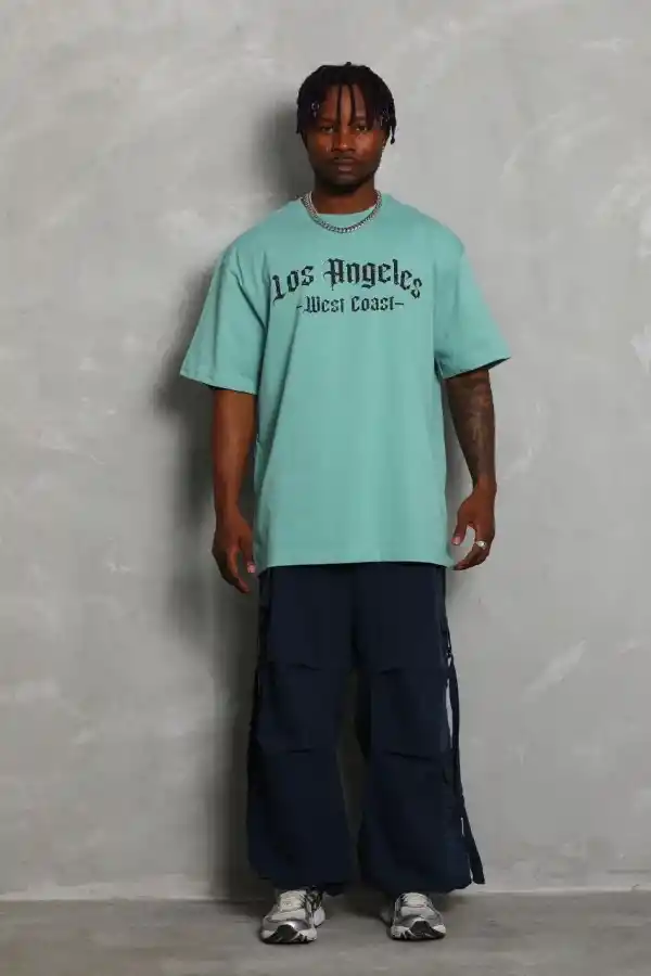 Erkek Kısa Kol Tişört Bisiklet Yaka KANAT Baskılı Oversize T-Shirt - Mint Yeşili