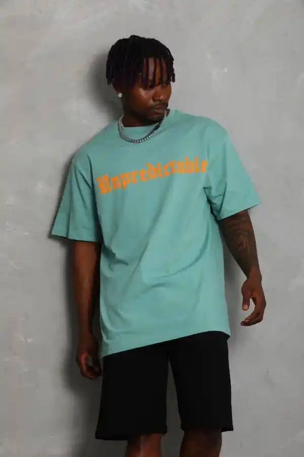 Erkek Baskılı Tişört Kısa Kol Bisiklet Yaka Oversize T-Shirt - Mint Yeşili