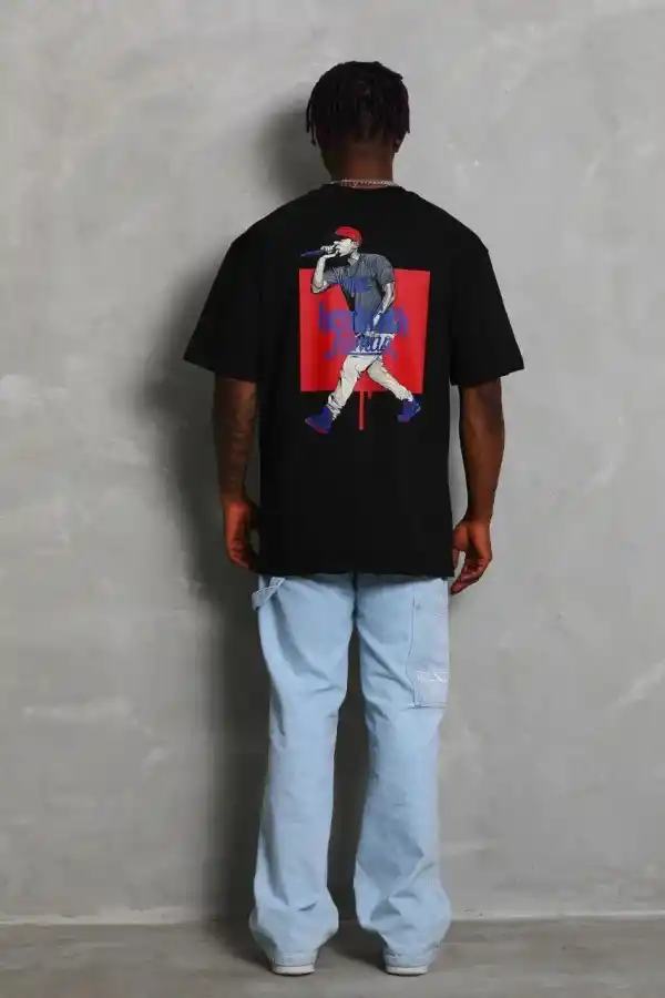 Erkek Baskılı Tişört Kısa Kol Bisiklet Yaka Oversize T-Shirt - - Siyah