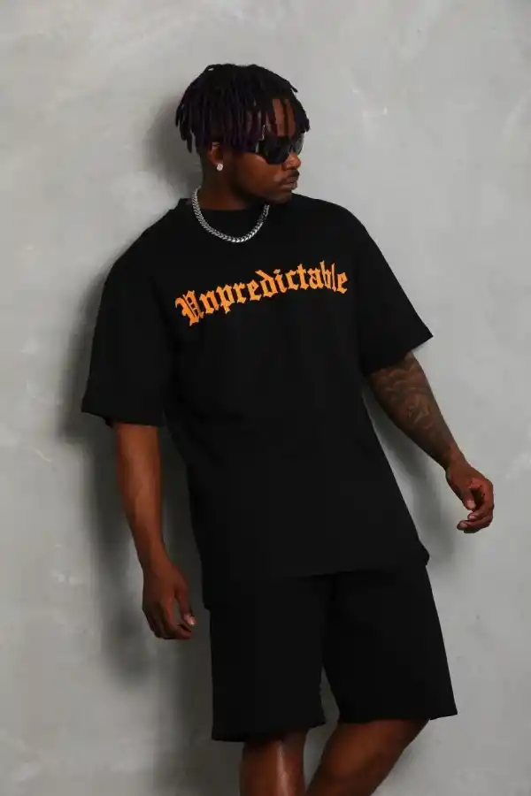 Erkek Baskılı Tişört Kısa Kol Bisiklet Yaka Oversize T-Shirt - Siyah