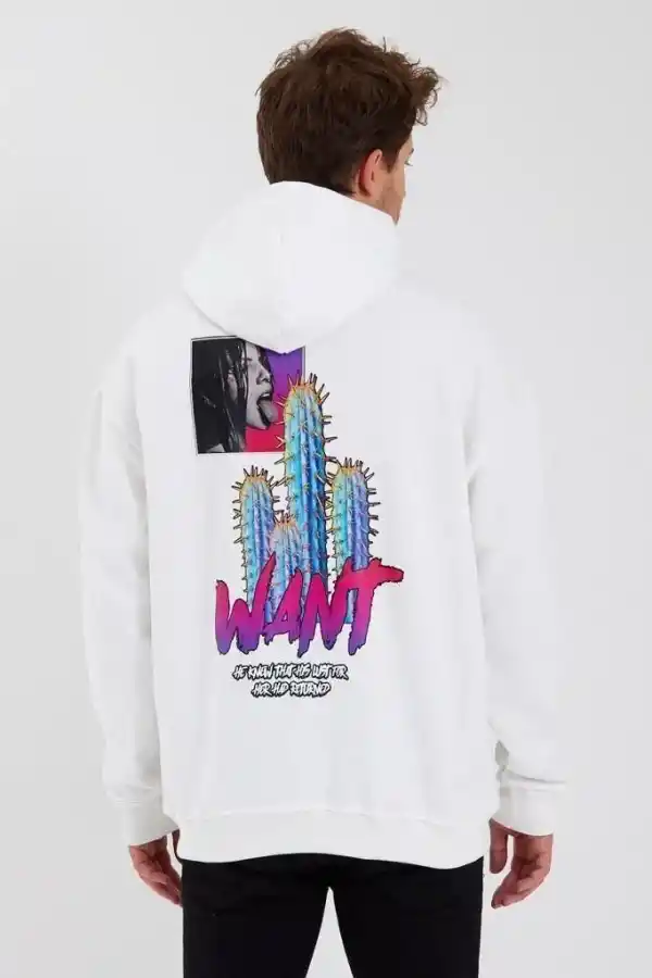 Erkek 3 İplik Pamuklu Kapüşonlu Baskılı Cepli Oversize Sweatshirt Hoodie - Beyaz