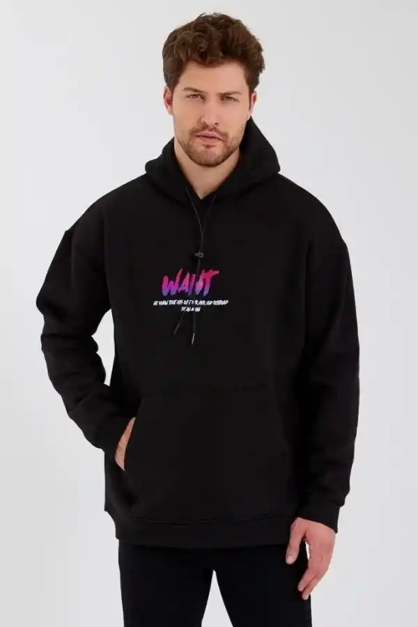 Erkek 3 İplik Pamuklu Kapüşonlu Baskılı Cepli Oversize Sweatshirt Hoodie - Siyah